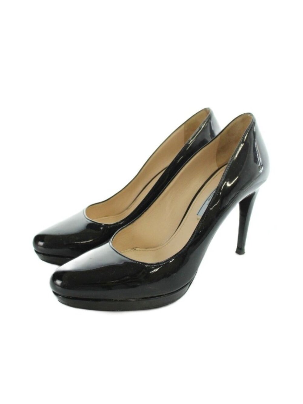 Prada Pumps High Heels Logo Round Toe Patent Black